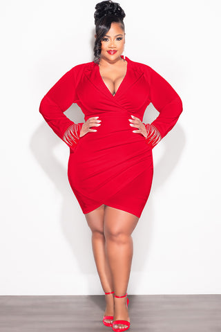 Final Sale Plus Size Collar Faux Wrap BodyCon Dress with Fringe Rhinestone In Red