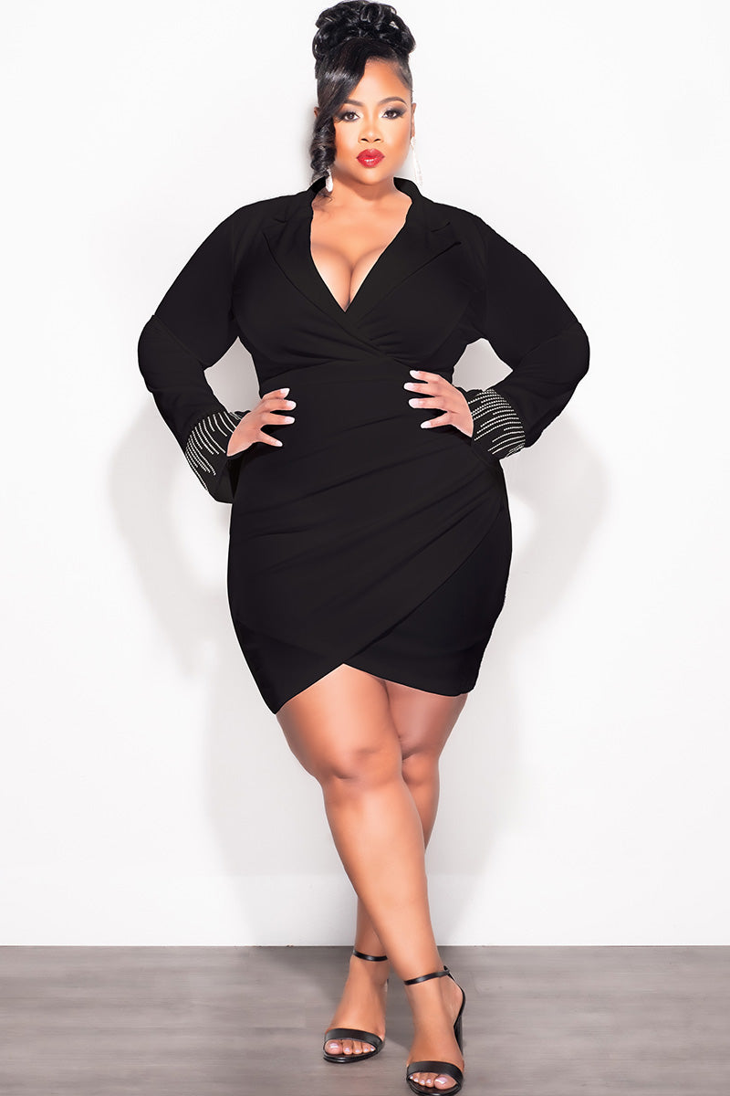 Final Sale Plus Size Collar Faux Wrap BodyCon Dress with Fringe Rhinestone In Black