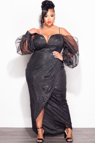 Final Sale Plus Size Shimmer Colder Shoulder Dress with Mesh Sleeves in Black