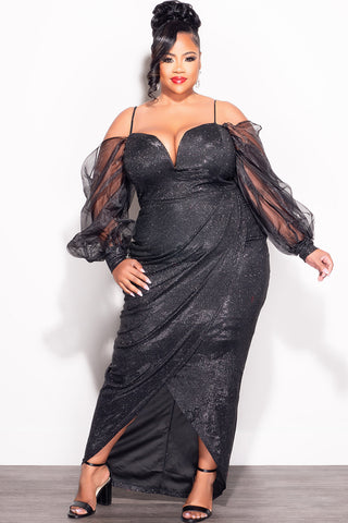 Final Sale Plus Size Shimmer Colder Shoulder Dress with Mesh Sleeves in Black