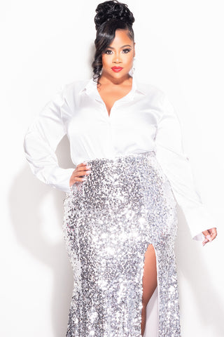 Final Sale Plus Size Charmeuse Collar Button Up Top in Ivory with Silver Sequin Skirt Set