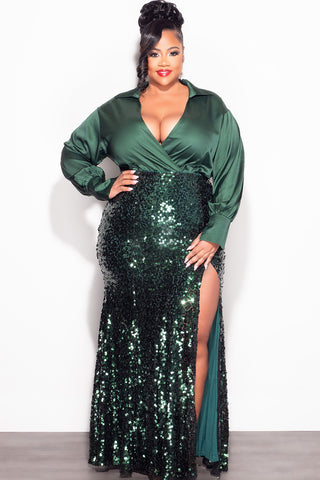 Final Sale Plus Size Satin Bodysuit in Hunter Green with Sequin Skirt Set