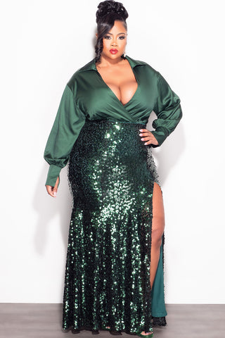 plus size green glitter dress Poly USA W1122 Plus Size Fitted Sleeveless Sequin Slit Gown