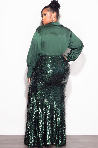Final Sale Plus Size Satin Bodysuit in Hunter Green with Sequin Skirt Set
