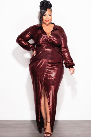 Final Sale Plus Size Faux Wrap Pleated Waist Foil Dress in Wine