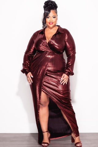 Final Sale Plus Size Faux Wrap Pleated Waist Foil Dress in Wine