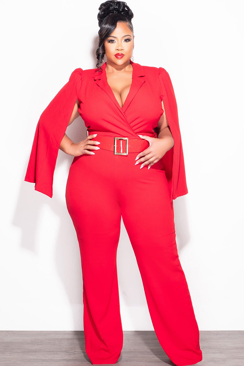 Final Sale Plus Size Faux Wrap Belted Jumpsuit with Cape Sleeves in Red