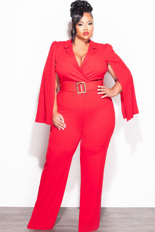 Final Sale Plus Size Faux Wrap Belted Jumpsuit with Cape Sleeves in Red
