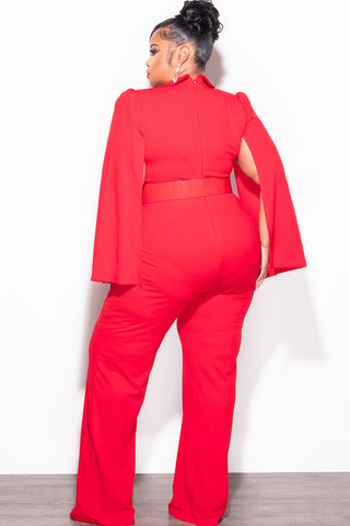 Final Sale Plus Size Faux Wrap Belted Jumpsuit with Cape Sleeves in Red
