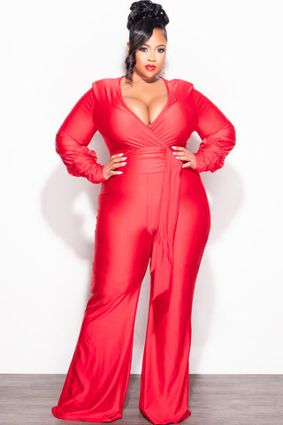 Final Sale Plus Size Faux Wrap Ruched Sleeve Shiny Jumpsuit in Red