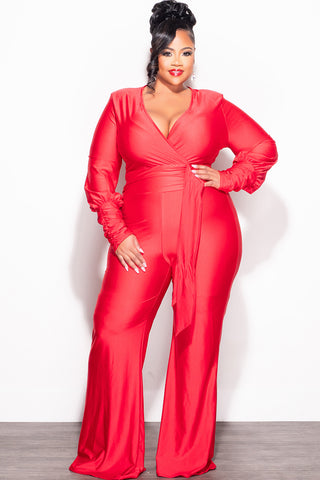 Final Sale Plus Size Faux Wrap Ruched Sleeve Shiny Jumpsuit in Red