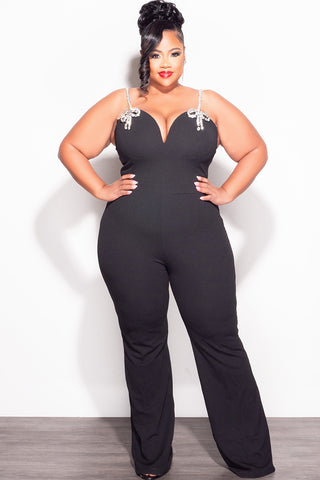 Final Sale Plus Size Sleeveless Rhinestone Bow Jumpsuit in Black