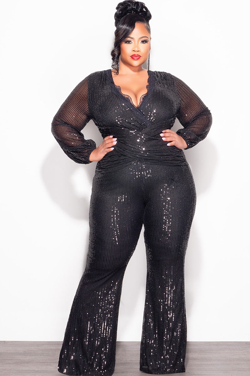 Final Sale Plus Size Faux Wrap Sequin Jumpsuit with Lace Trim in Black