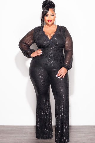 Final Sale Plus Size Faux Wrap Sequin Jumpsuit with Lace Trim in Black