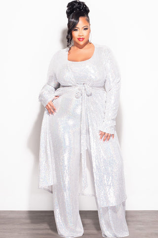 Final Sale Plus Size Faux Sequin Hologram 3pc Duster, Crop Top and High Waist Pants Set in White Iridescent