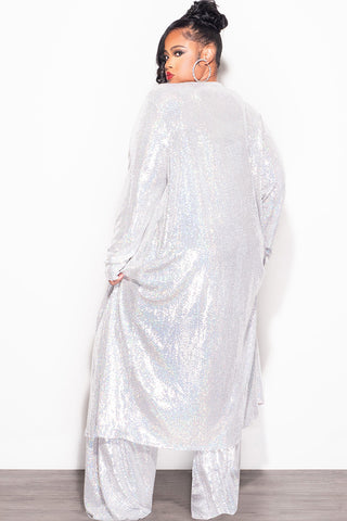 Final Sale Plus Size Faux Sequin Hologram 3pc Duster, Crop Top and High Waist Pants Set in White Iridescent