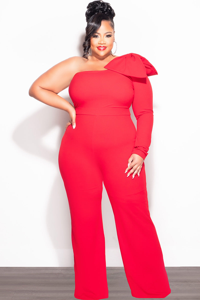 Final Sale Plus Size One Shoulder Long Sleeve Jumpsuit with Bow in Red