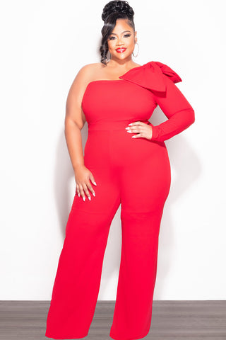 Final Sale Plus Size One Shoulder Long Sleeve Jumpsuit with Bow in Red