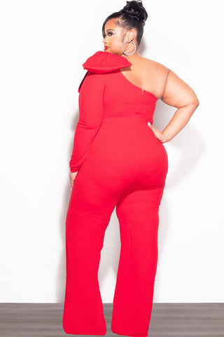 Final Sale Plus Size One Shoulder Long Sleeve Jumpsuit with Bow in Red