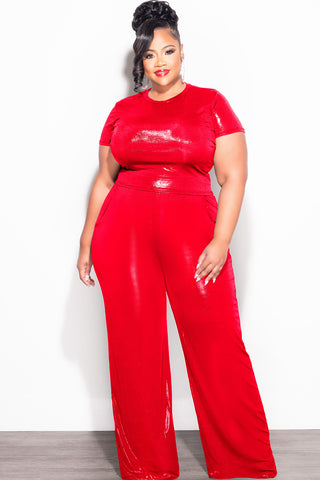 Final Sale Plus Size 2pc Crop Top & Palazzo Pant Set in Metallic Red