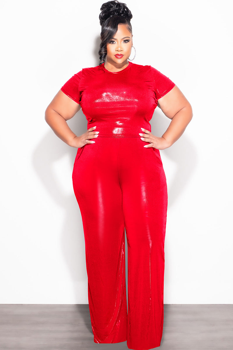 Final Sale Plus Size 2pc Crop Top & Palazzo Pant Set in Metallic Red