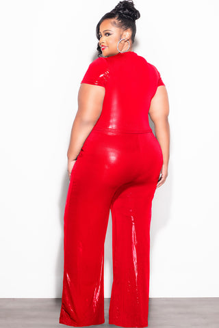 Final Sale Plus Size 2pc Crop Top & Palazzo Pant Set in Metallic Red