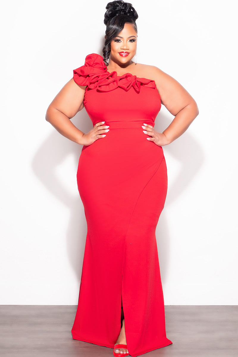 Final Sale Plus Size One Shoulder Ruffle Trim Gown with Front Slit in Red