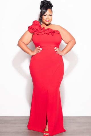 Final Sale Plus Size One Shoulder Ruffle Trim Gown with Front Slit in Red