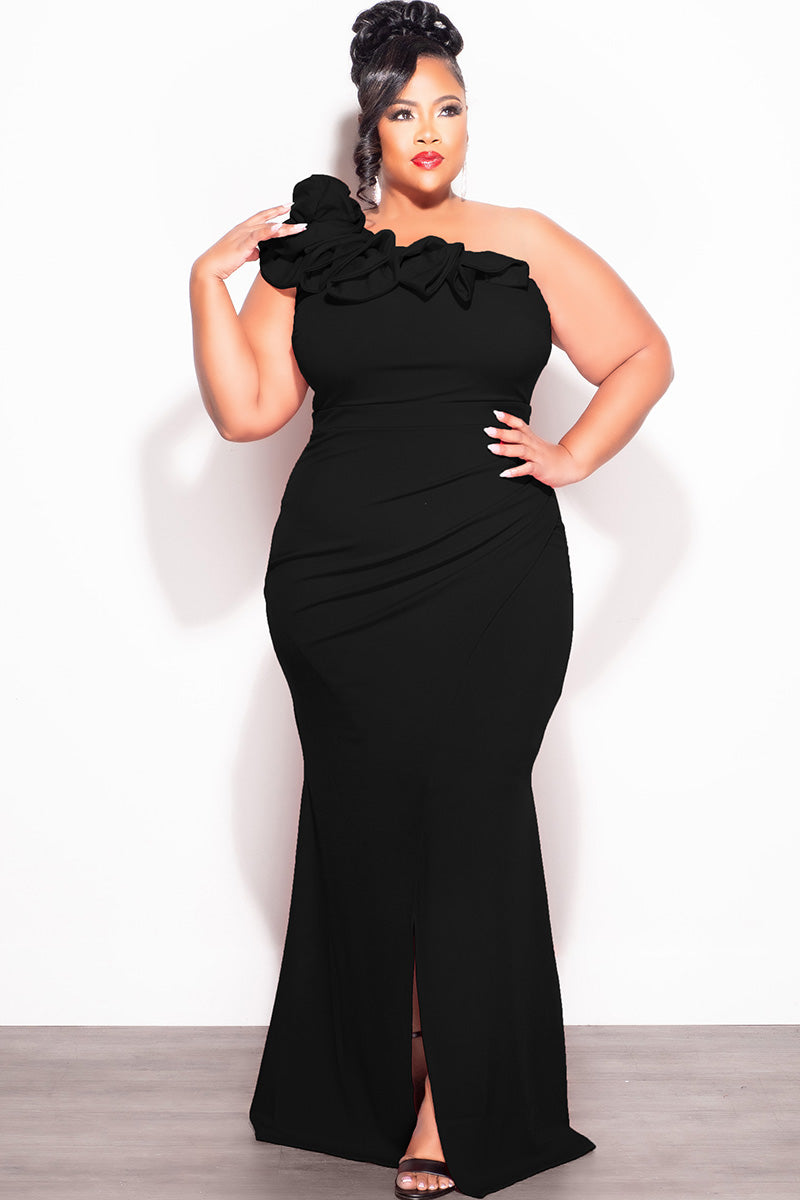 Final Sale Plus Size One Shoulder Ruffle Trim Gown with Front Slit in Black