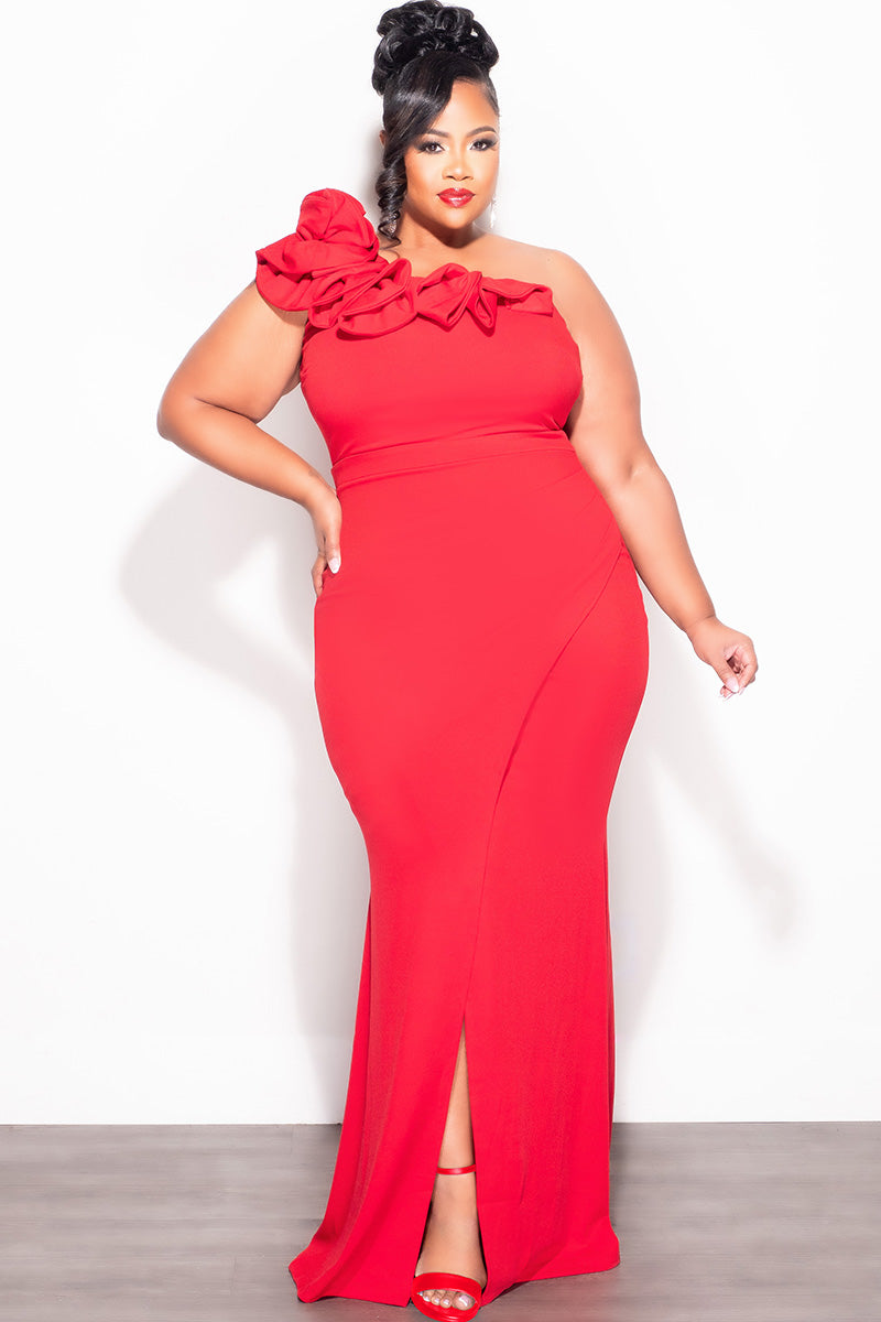 Final Sale Plus Size One Shoulder Ruffle Trim Gown with Front Slit in Red - 2X 18/20 Final Sale Plus Size One Shoulder Ruffle Trim Gown with Front Slit in Red - 2X 18/20