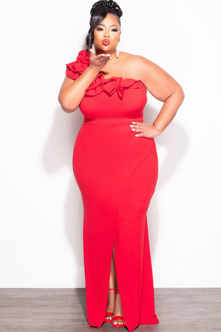 Final Sale Plus Size One Shoulder Ruffle Trim Gown with Front Slit in Red