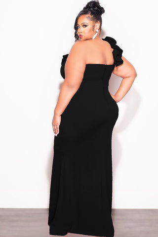 Final Sale Plus Size One Shoulder Ruffle Trim Gown with Front Slit in Black