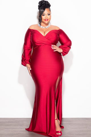 Final Sale Plus Size Shiny Faux Wrap Gown with Slit in Burgundy