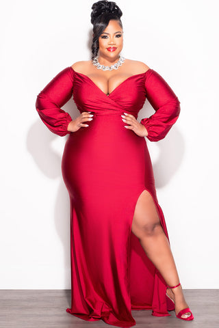 Final Sale Plus Size Shiny Faux Wrap Gown with Slit in Burgundy