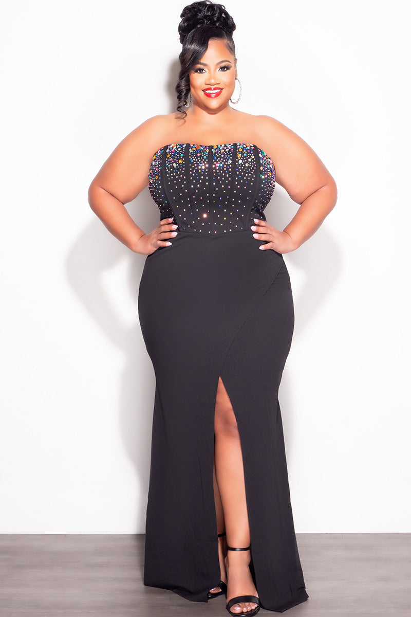 Final Sale Plus Size Strapless Multi Color Rhinestone Gown in Black