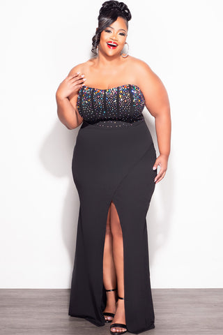 Final Sale Plus Size Strapless Multi Color Rhinestone Gown in Black
