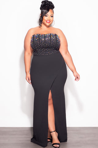 Final Sale Plus Size Strapless Multi Color Rhinestone Gown in Black