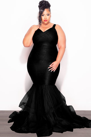 Final Sale Plus Size Bandage Mermaid Tulle Gown in Black