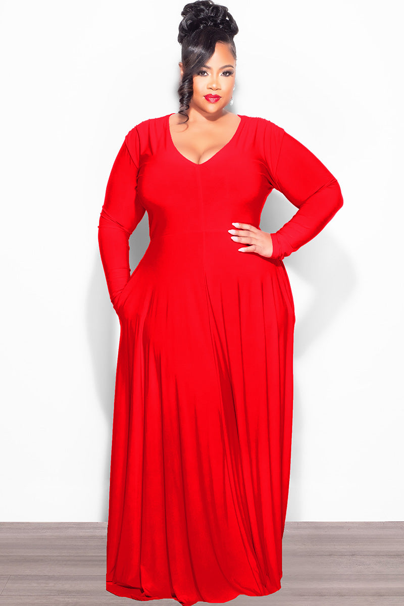 Final Sale Plus Size Long Sleeve Gown with V-Neck in Red - 3x 22 Final Sale Plus Size Long Sleeve Gown with V-Neck in Red - 3x 22