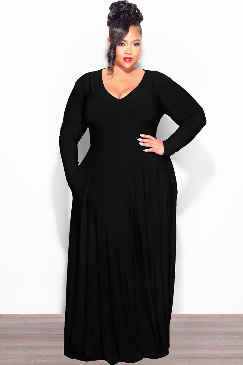 Final Sale Plus Size Long Sleeve Gown with V-Neck in Black