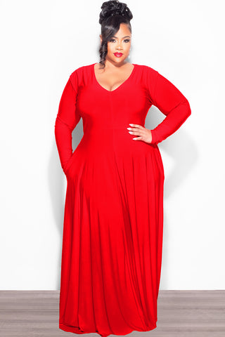 Final Sale Plus Size Long Sleeve Gown with V-Neck in Red