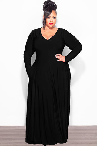 Final Sale Plus Size Long Sleeve Gown with V-Neck in Black