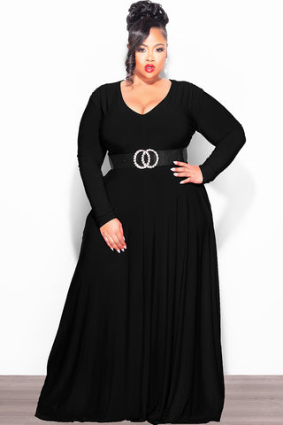 Final Sale Plus Size Long Sleeve Gown with V-Neck in Black