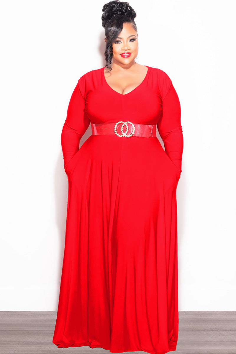 Final Sale Plus Size Long Sleeve Gown with V-Neck in Red
