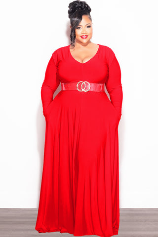 Final Sale Plus Size Long Sleeve Gown with V-Neck in Red