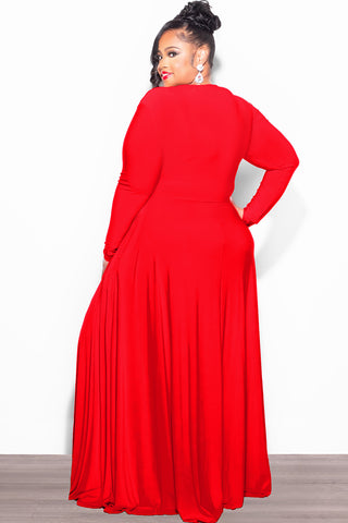 Final Sale Plus Size Long Sleeve Gown with V-Neck in Red