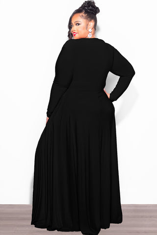 Final Sale Plus Size Long Sleeve Gown with V-Neck in Black