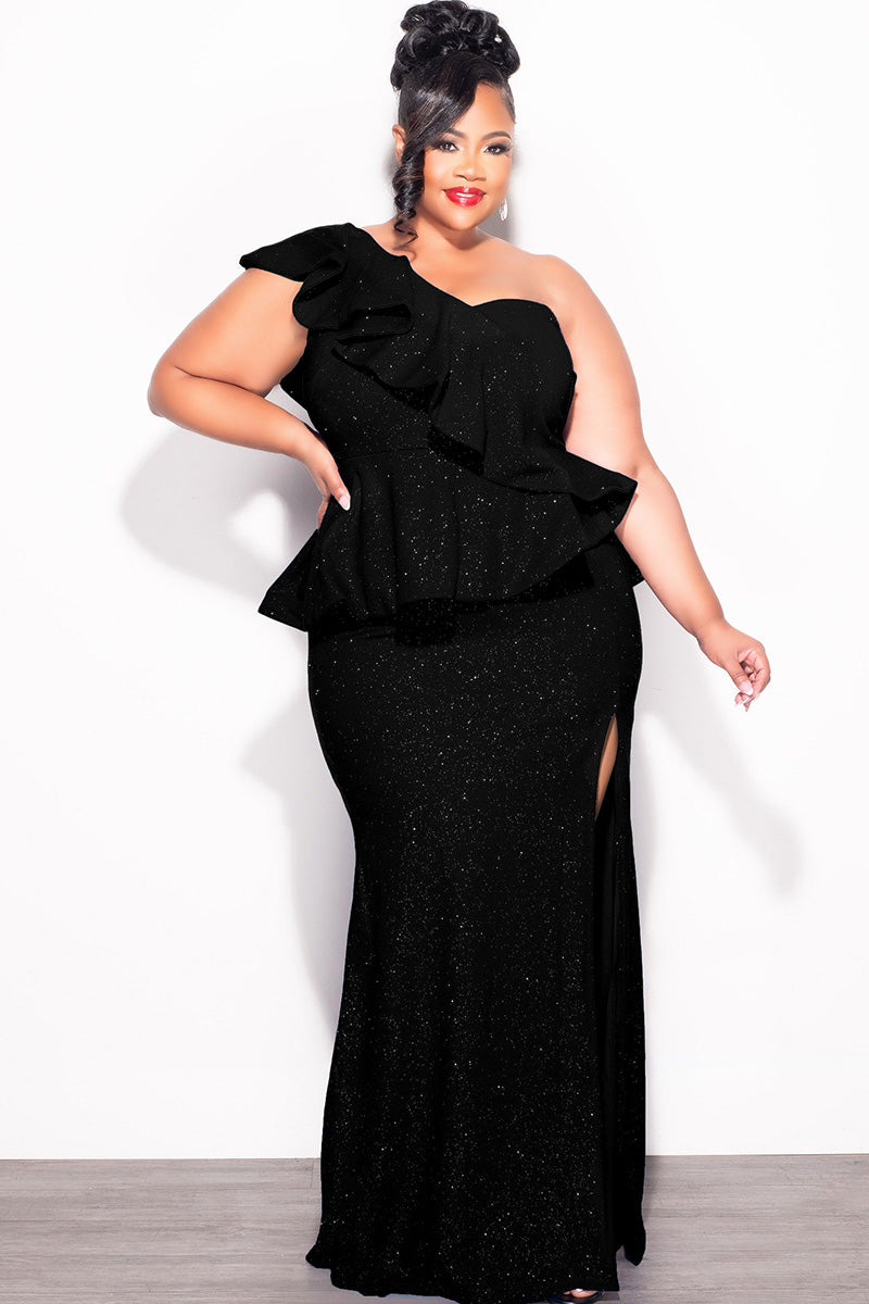 Final Sale Plus Size One Shoulder Layered Ruffle Gown in Black Glitter