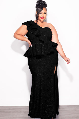 Final Sale Plus Size One Shoulder Layered Ruffle Gown in Black Glitter
