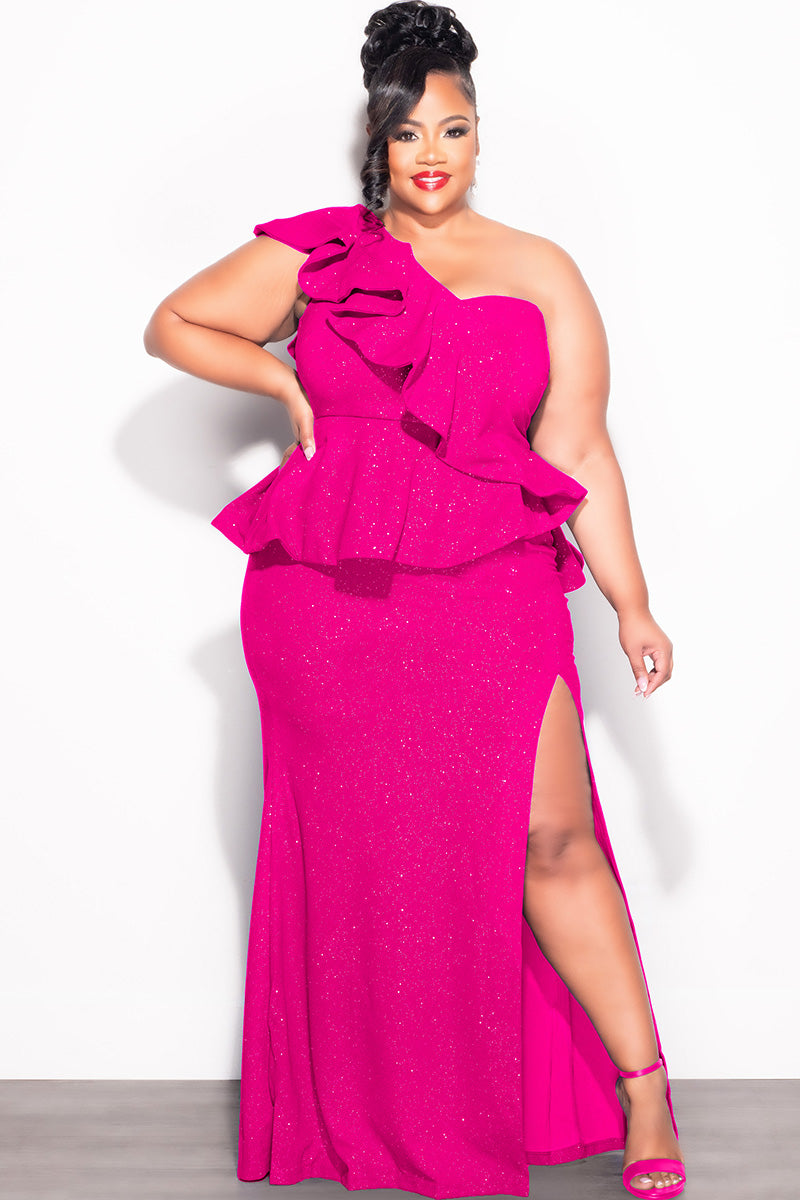 Final Sale Plus Size One Shoulder Layered Ruffle Gown in Fuchsia Glitter
